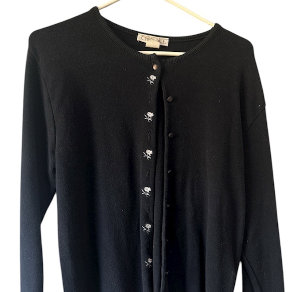 Vintage Black floral embroidered button down ribbed Women's cardigan size medium